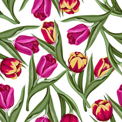 Fototapeta premium Seamless spring or summer pattern with tulip flowers, hand drawn vector illustration on white background. Endless repeatable decorative backdrop with tulips for wallpaper and textile prints.