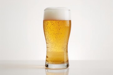 Transparent glass filled with pale beer topped with foam