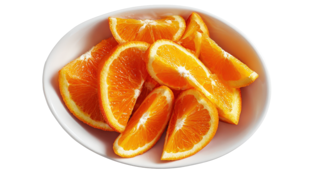 Fresh orange slices in a white ceramic bowl top view isolated on a Transparent background, PNG file.