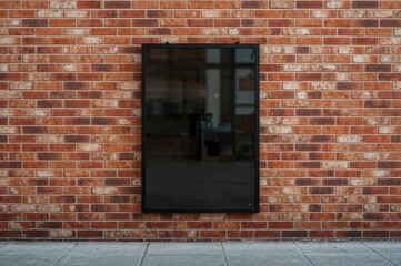 Rectangular black glass sign mockup displayed on a brick wall, ideal for street theater or bar announcements.
