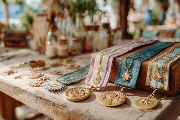 Fototapeta premium Beautifully Crafted Jewelry and Accessories Displayed on Wooden Table in Bright, Natural Light, Perfect for Capturing Elegance and Artistry in Fashion Photography