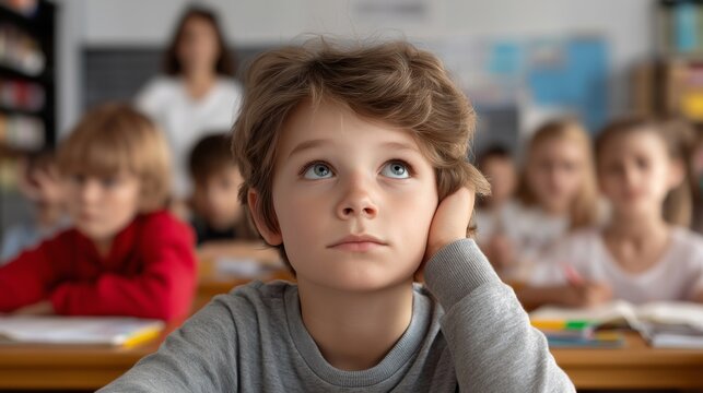 Classroom scene where ADHD child is visibly distracted while other children focus, teacher in background.