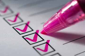A checklist is being marked off with a pink highlighter, signifying tasks completed and items checked off.
