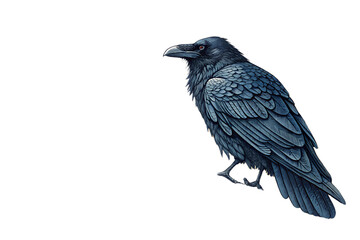 A detailed illustration of a raven with black feathers against a black background in digital art