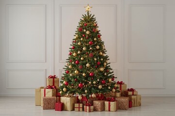 Festive holiday decorations featuring a decorated tree and wrapped presents indoors