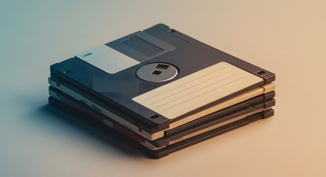 Stack of three black 3.5-inch floppy disks, arranged neatly on a light blue to peach gradient background.