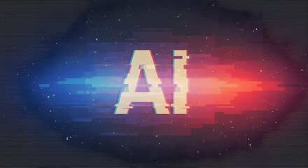 The letters "AI" are displayed with a glitch effect, set against a backdrop of blue and red hues with a starry, cosmic feel.