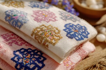 Fototapeta premium Beautifully embroidered textiles showcasing intricate floral patterns in vibrant colors, ideal for home decor or craft projects, capturing traditional craftsmanship and artistry