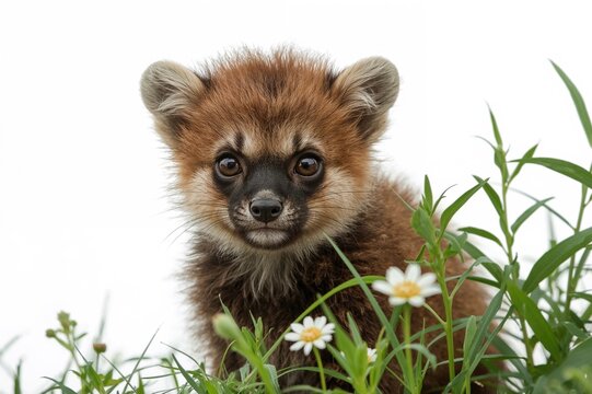 A vibrant young creature stands out against a monochrome backdrop, embraced by lush greenery and a bright white area that accentuates its charm