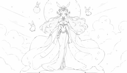 Coloring page of a mystical queen standing in the clouds with bunnies, whimsical style, line art illustration
