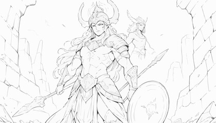 Coloring page of a heroic armored warrior with a spear and shield, set in a grand ruins, line art illustration
