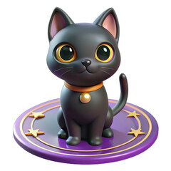 Obraz premium Charming black cat figurine with big eyes on a cosmic purple platform transparent background