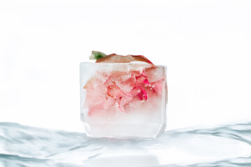 Ice cubes with rose flower on water surface. High quality photo