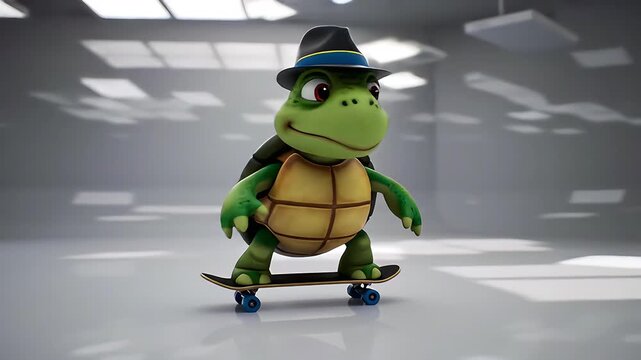 charismatic cartoon turtle skateboarder wearing hat