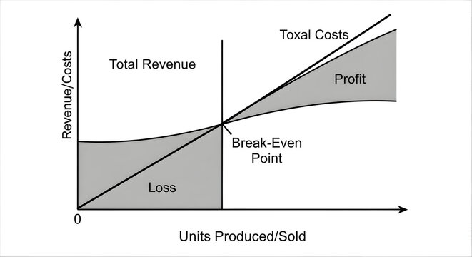 Break-even analysis chart illustrating fixed costs, variable costs, total costs and profit lines crossing at the break-even point on a quantity vs revenue/costs graph
