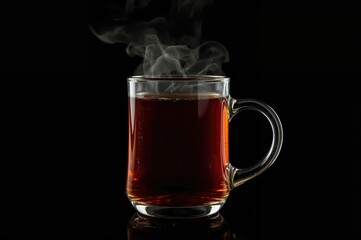 Steaming hot black tea served in a transparent cup against a dark backdrop
