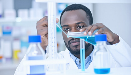 Focused male scientist pouring blue liquid into graduated cylinder in laboratory during scientific experiment with precision and care.