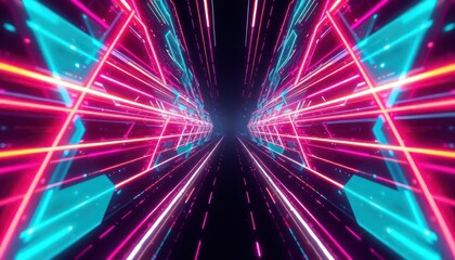 Naklejka premium Abstract futuristic tunnel with vibrant neon lights creating a dynamic path through digital space. Ideal for technology, gaming, or sci-fi backgrounds.