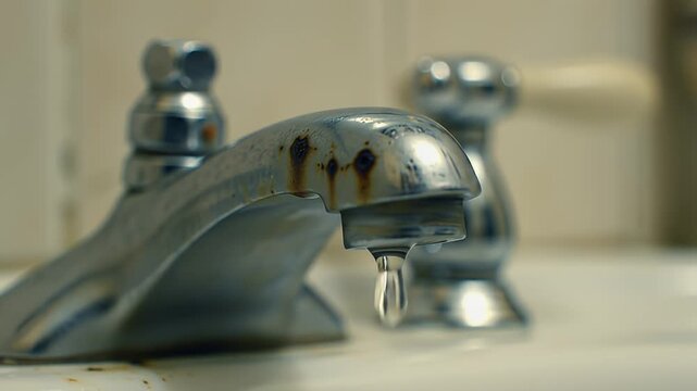Poor hygiene in household water sources with rusty faucet leaking unsafe water, creating potential Salmonella contamination risks in daily usage