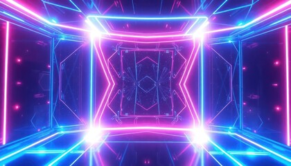 Vibrant neon light tunnel in blue and pink, creating a futuristic, abstract digital background. Ideal for technology, gaming, or party themes.