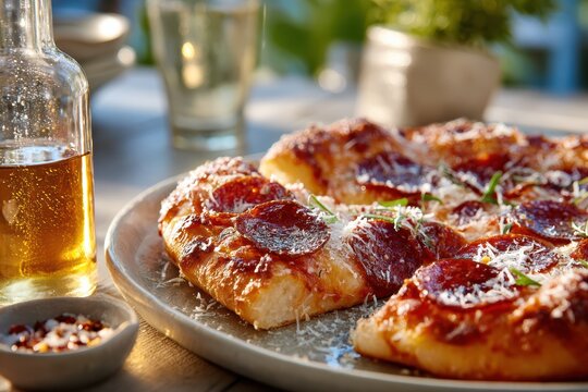 Delicious freshly baked pizza topped with pepperoni slices, cheese, and green herbs served with a bottle of beer and a casual dining setting