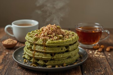 Waffles made from scratch featuring matcha, pistachios, and flax seeds, topped with coconut sugar.