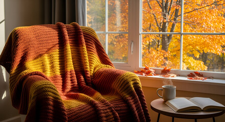 Comfortable armchair with orange blanket next to open book and warm drink in front of window with fall foliage