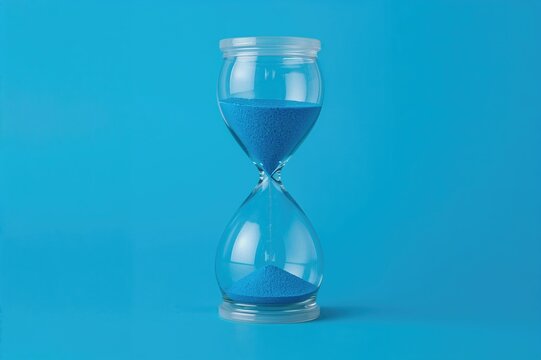 Blue sand flowing in an hourglass against a blue backdrop - Powered by Adobe
