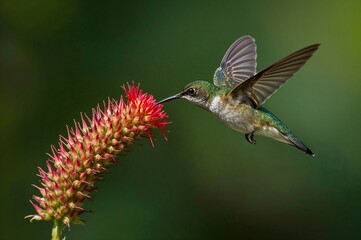 Fototapeta premium In a lush tropical valley during December, a female Green-crowned Brilliant hummingbird gracefully hovers while sipping nectar from a Shrimp plant.