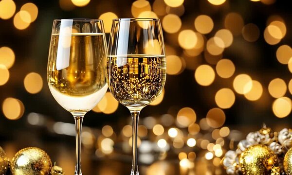 Two champagne flutes filled with golden liquid stand against a backdrop of warm bokeh lights and golden ornaments