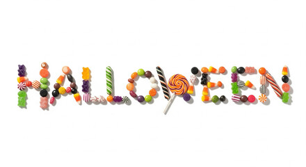 A delightful collection of colorful candies and lollipops artistically spelling 'Halloween', capturing the sweet essence of the festive autumn holiday season
