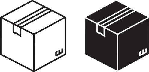 Two isometric cardboard boxes, one black and one outline, isolated on white background