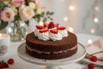 Decadent chocolate dessert garnished with fresh strawberries and creamy whipped topping
