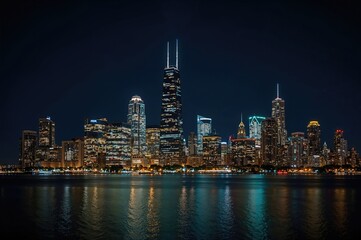 Fototapeta premium Nighttime cityscape with illuminated skyscrapers