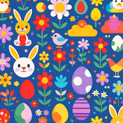 Cheerful Easter Pattern Featuring Bunnies, Eggs, and Flowers on a Vibrant Blue Background