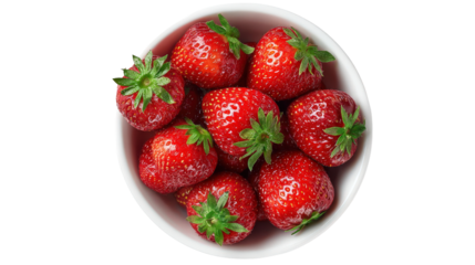 Fresh ripe strawberries in a white ceramic bowl top view isolated on a Transparent background, PNG file.