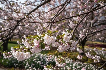 Obraz premium Cherry trees bursting with flowers in a scenic garden