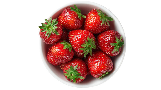 Fresh ripe strawberries in a white ceramic bowl top view isolated on a Transparent background, PNG file.