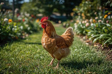Welsumer hen roaming in the backyard