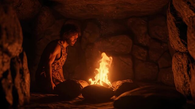 A captivating scene of a caveman by a fire, evoking prehistoric life and survival skills