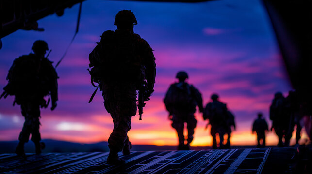 Side view of paratroopers on open ramp, silhouettes sharply outlined against twilight sky, strong gusts ruffling gear, tension and anticipation palpable