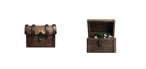 Wooden treasure chests with gems and gold on black background
