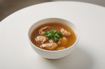 Bowl of chicken stock garnished with fresh parsley on a white surface