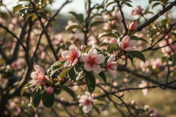 Chaenomeles Speciosa Tree with Blooming Quince Blossoms