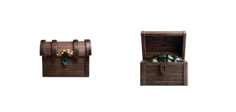 Wooden treasure chests with gems and gold on black background