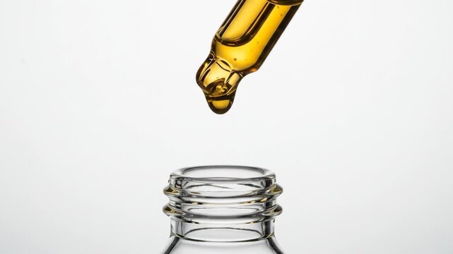 Essential oil drop from dropper filling glass bottle in minimalist studio composition