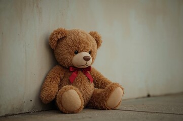Fototapeta premium A lonely teddy bear resting against a wall, expressing sadness and disappointment.