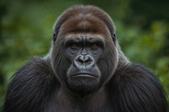 Close-up portrait of a serious mountain gorilla