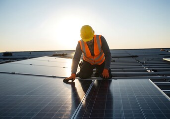 Worker installing solar panels on a rooftop during sunset