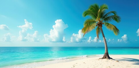 Obraz premium Lone palm, turquoise water, sun-drenched sand, palm tree on island, ocean